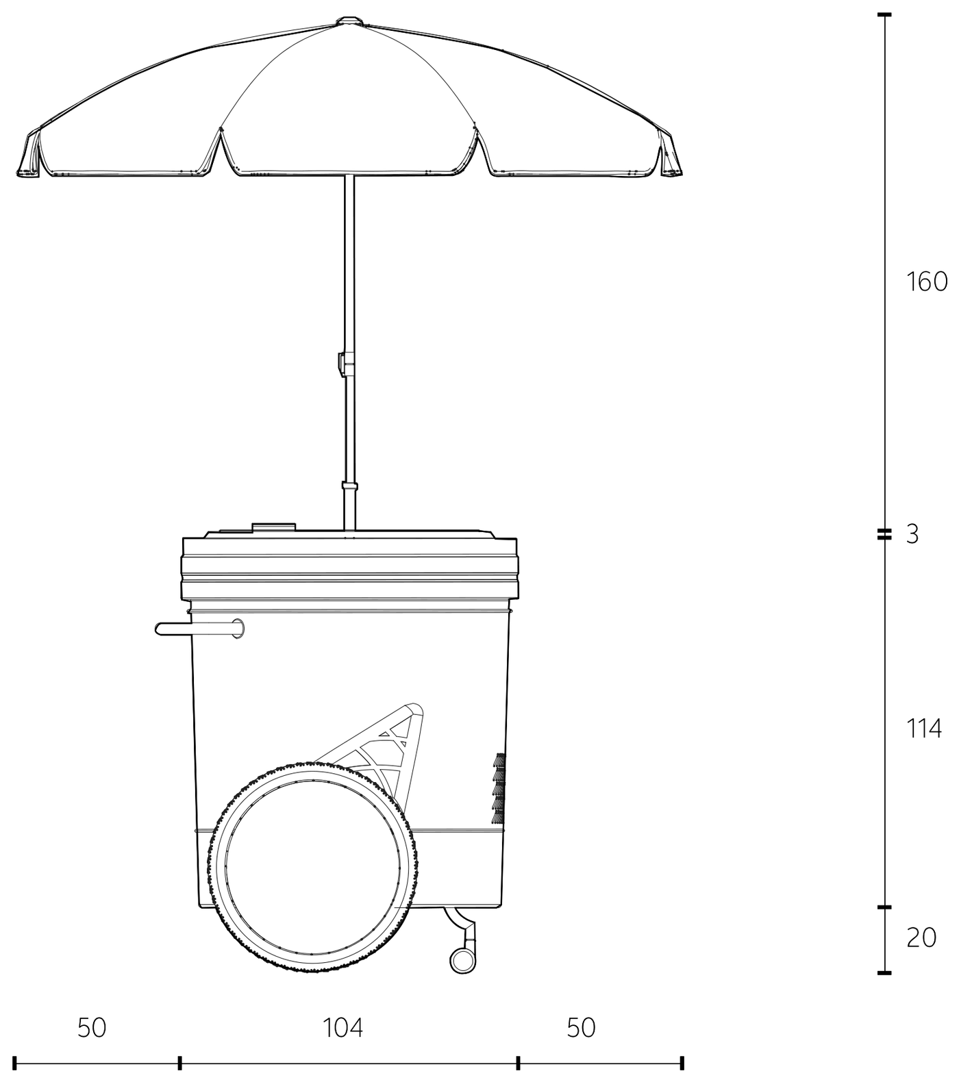 Front drawing of the Barattolone with dimensions