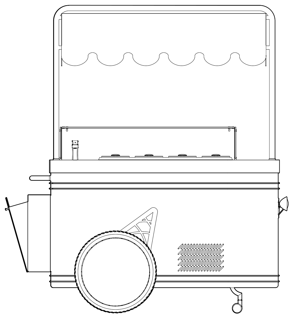 Side drawing of the cart with the storage compartment open