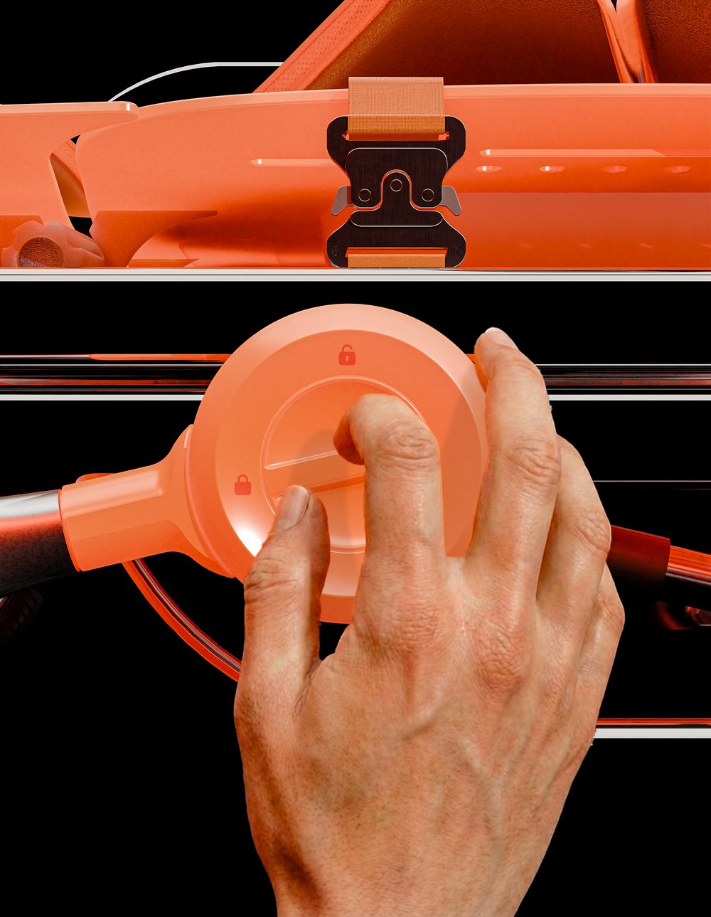 Hand operating the one-handed wheel quick release