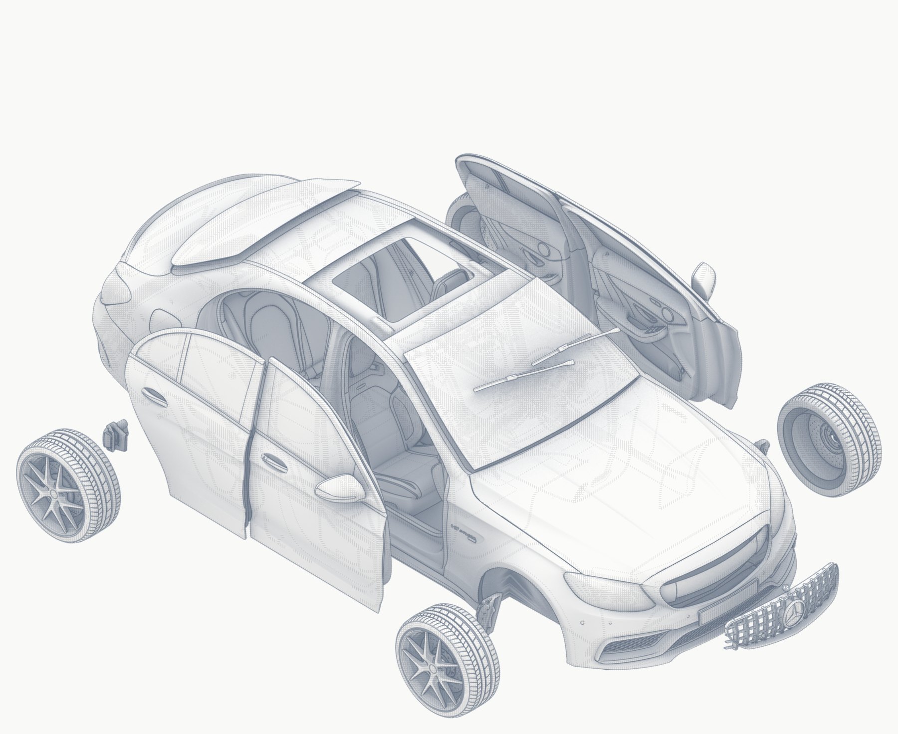 Exploded line drawing of the C 63 with doors and wheels detached