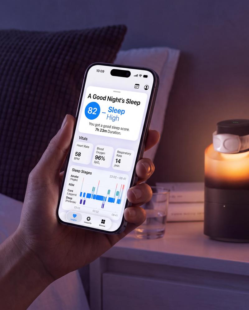 Hand holding a phone with the Nocturne app, next to the glowing base