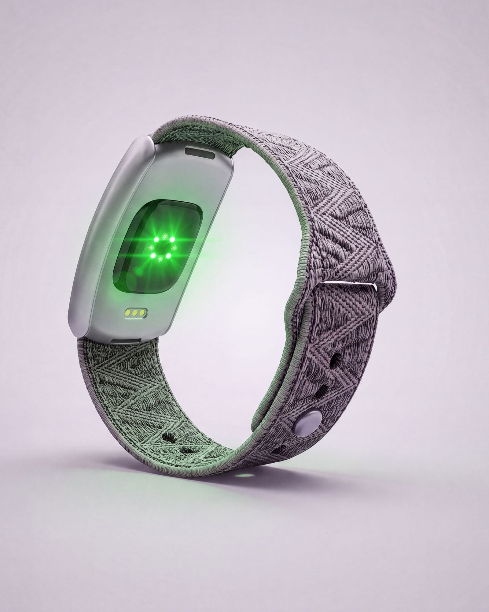 Underside of the bracelet with the green optical sensor