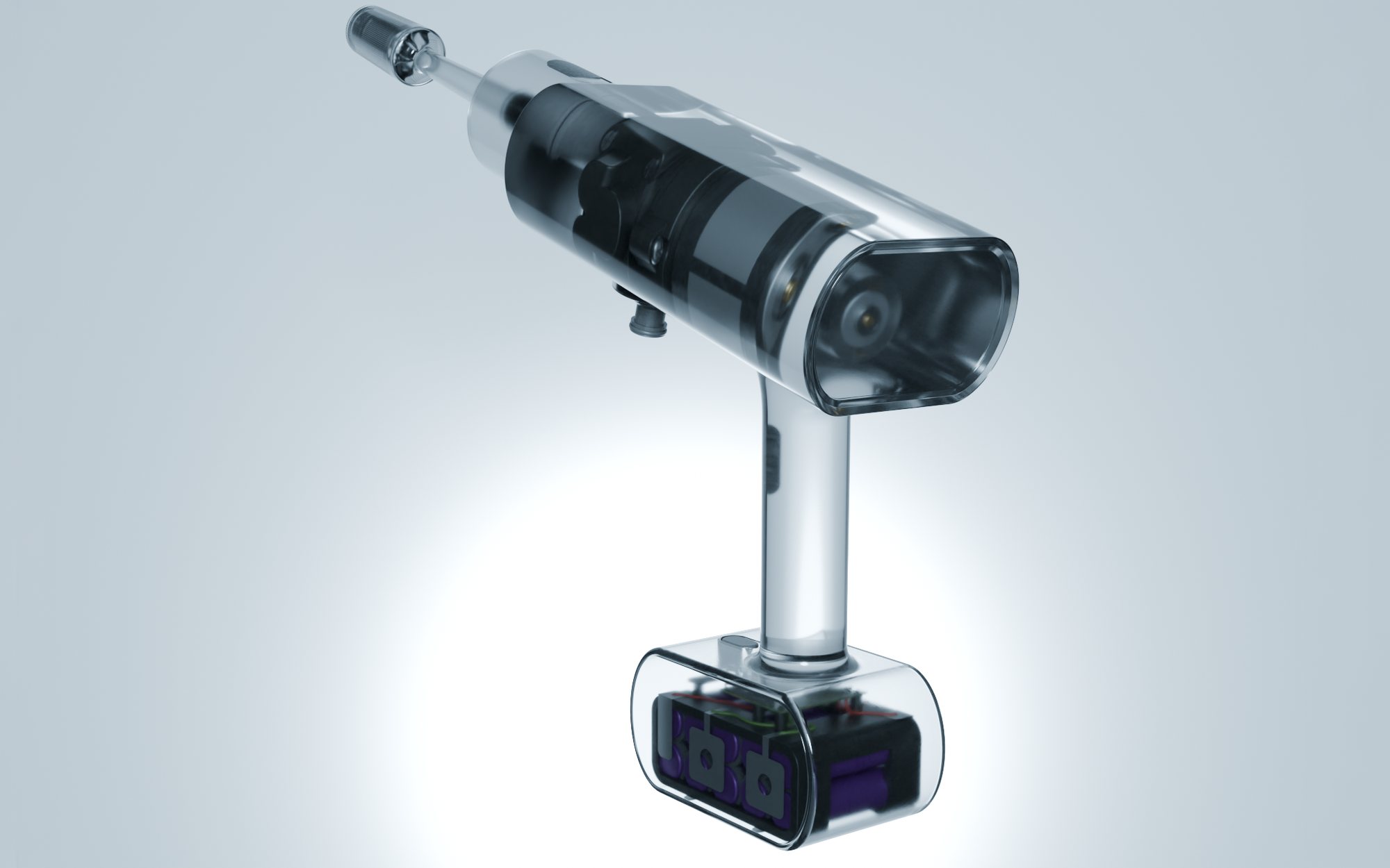 X-ray render of Nami showing motor, pipes and battery inside the transparent body