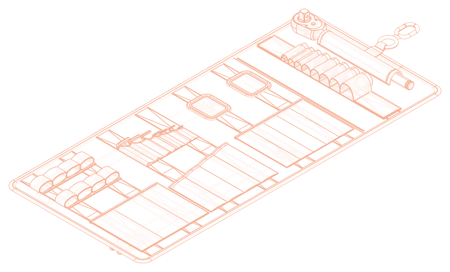 Unrolled kit seen from above with tools in place