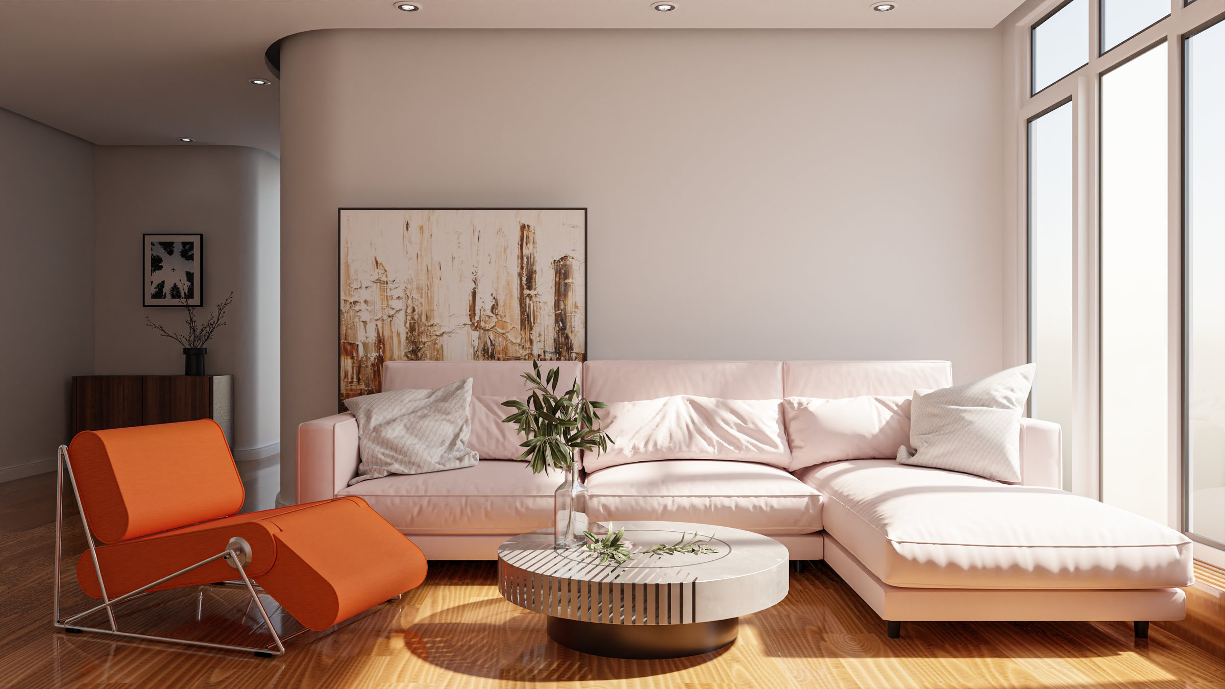 Vòltia chaise longue in a bright living room next to a white sofa