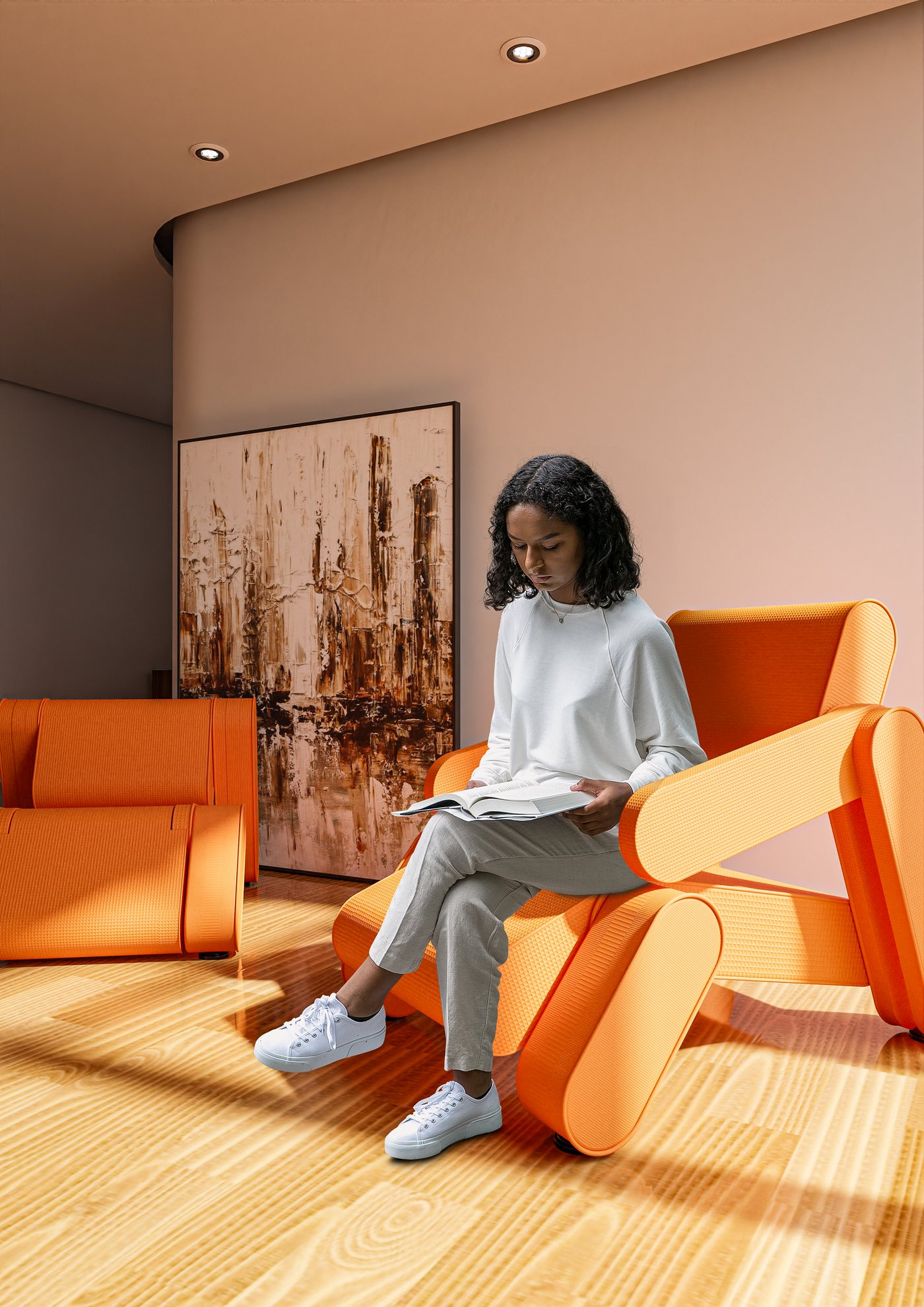 Woman reading on Rotonda in a living room