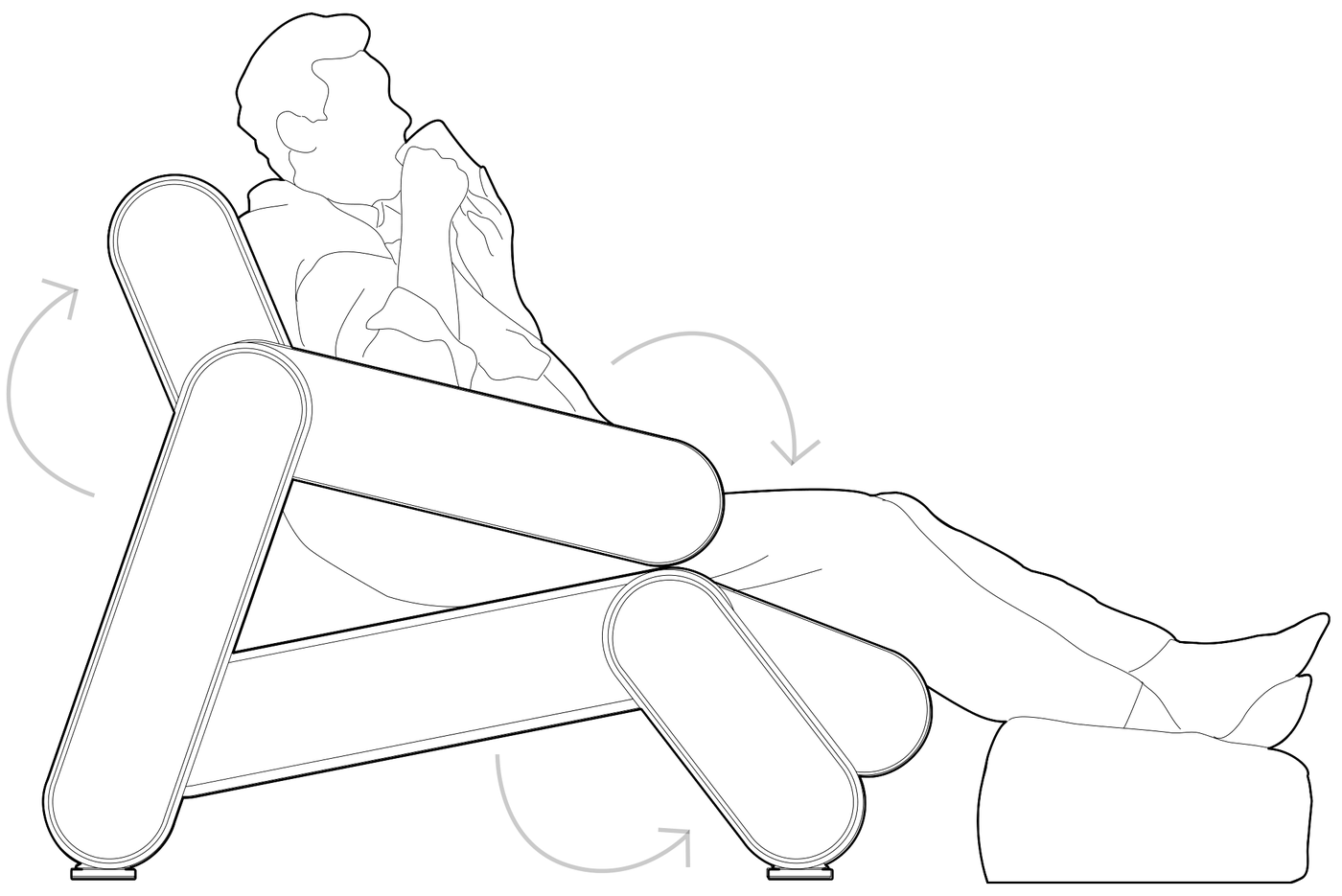 Line drawing of a man lying on Rotonda open, with arrows showing the rotations
